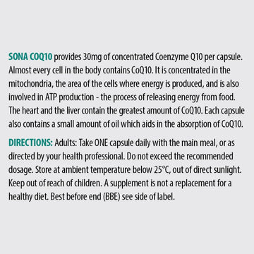 Sona CoQ10 30mg Capsules 30 Pack - O'Sullivans Pharmacy - Vitamins - 5390612007302