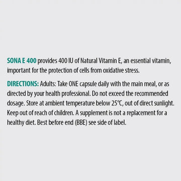 Sona E400 Natural Vitamin E Capsules 60 Pack - O'Sullivans Pharmacy