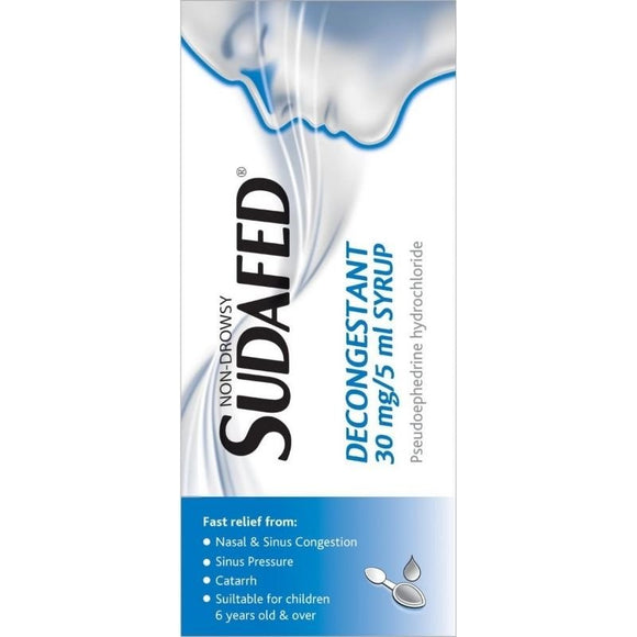 Sudafed Decongestant Syrup 30mg/5ml Pseudoephedrine 100ml - O'Sullivans Pharmacy - Medicines & Health -